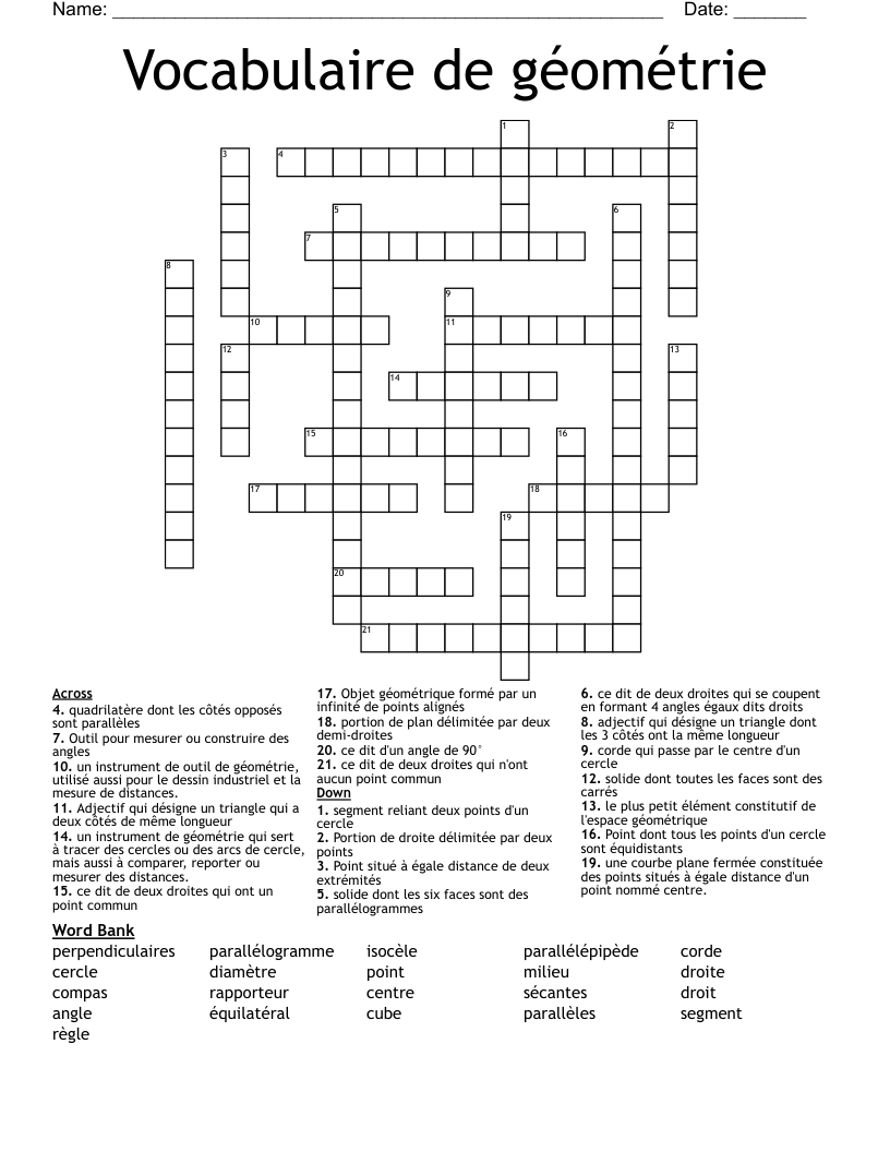 Vocabulaire de géométrie Crossword