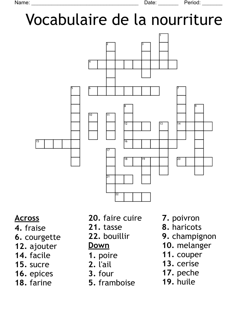 Vocabulaire de la nourriture Crossword
