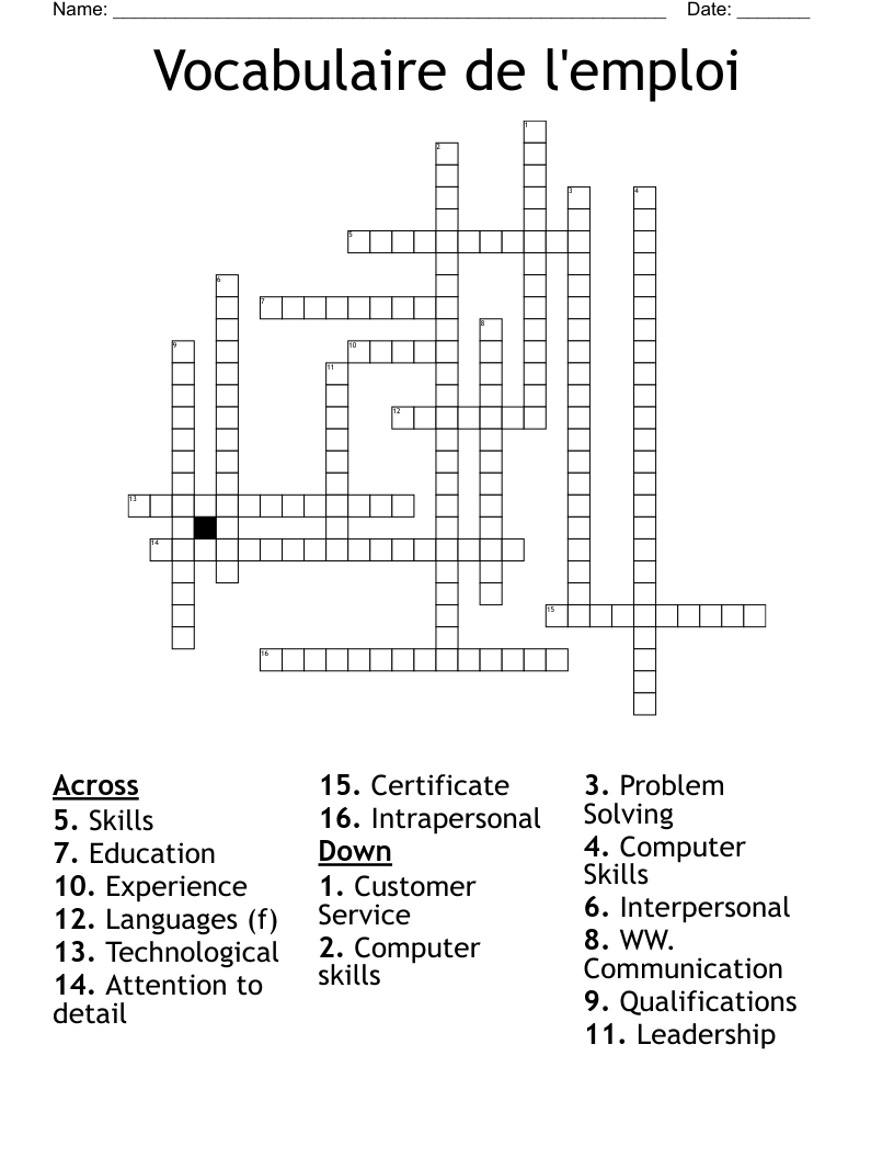 Vocabulaire de l'emploi Crossword