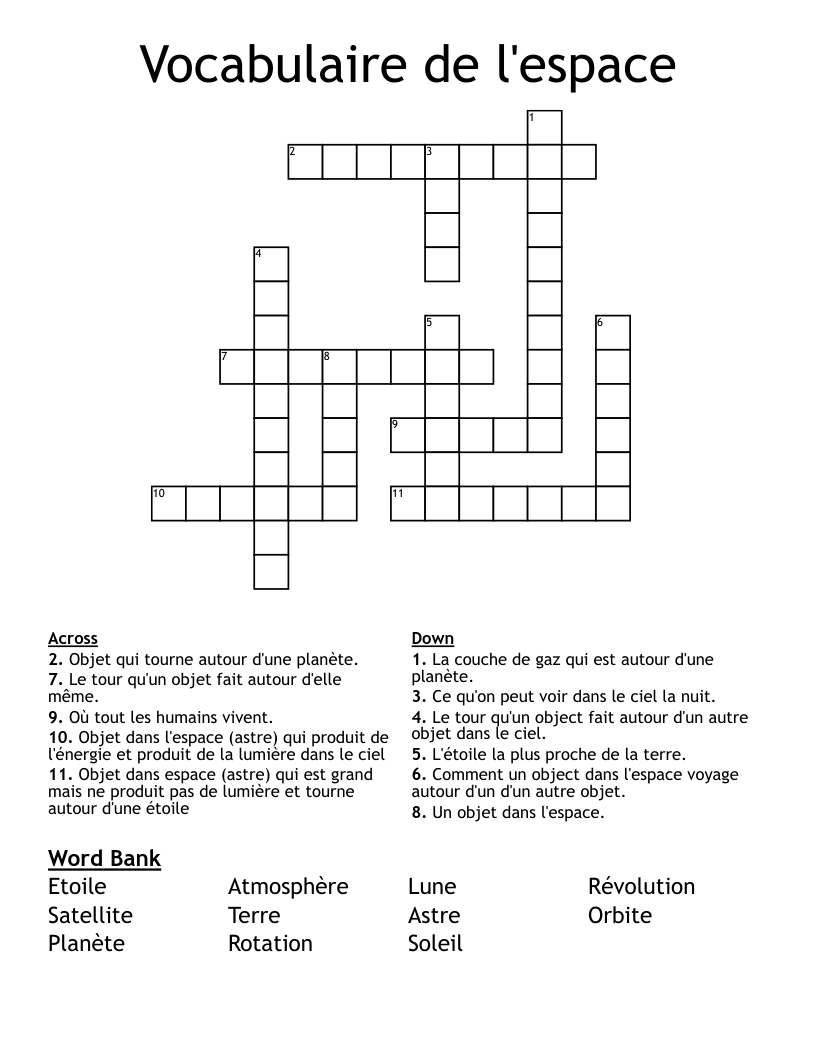 Vocabulaire de l'espace Crossword