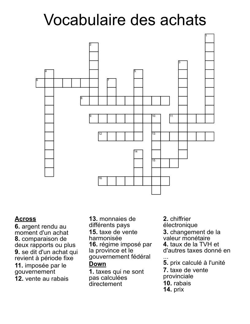 Vocabulaire des achats Crossword