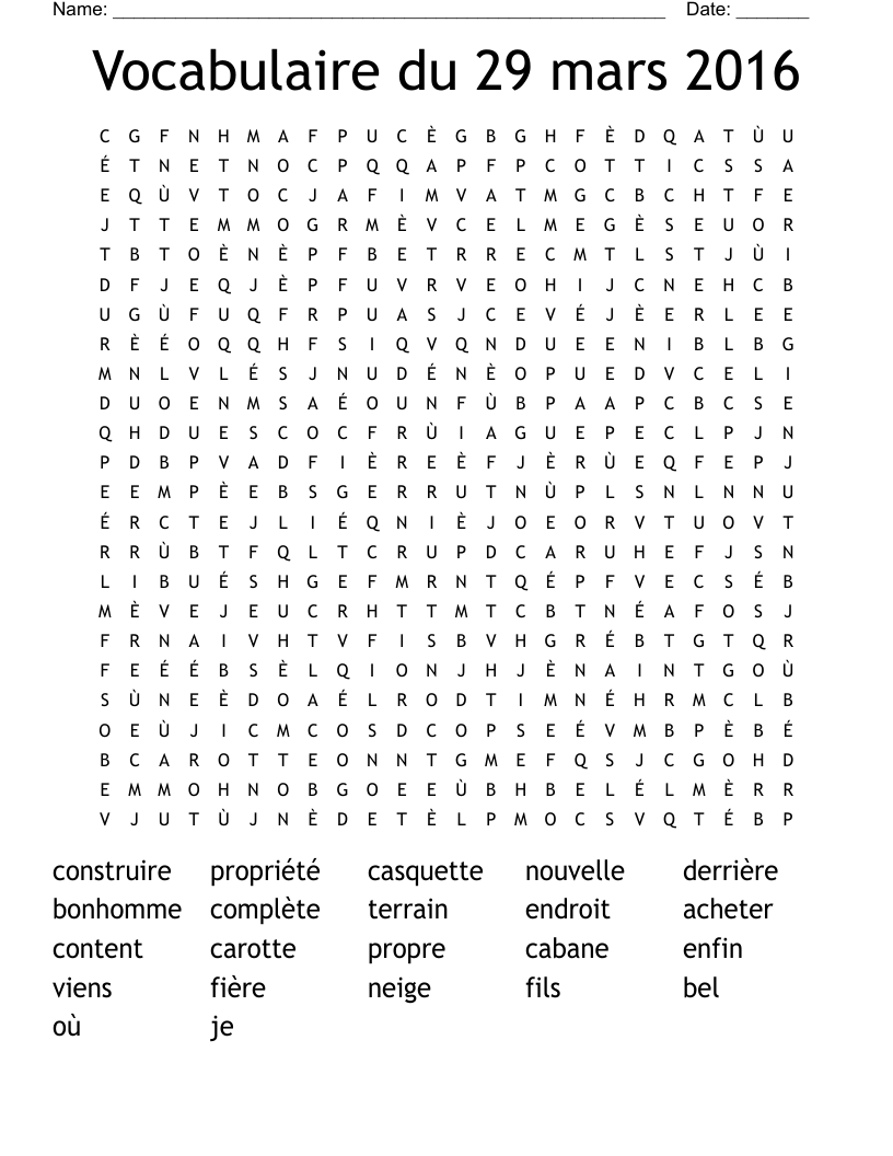 Vocabulaire du 29 mars 2016 Word Search