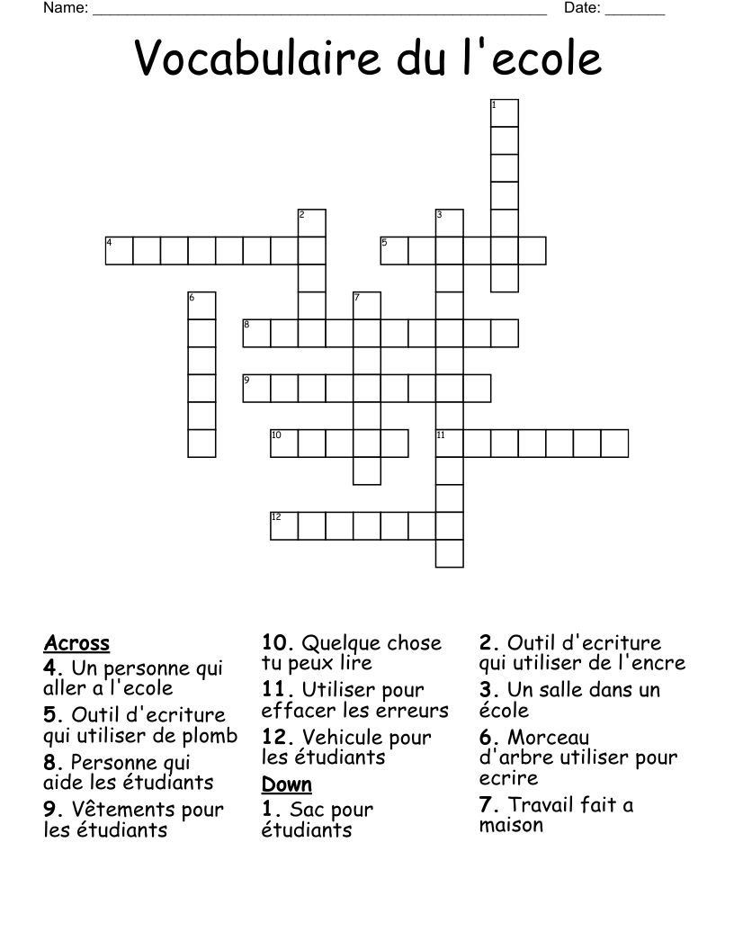 Vocabulaire du l'ecole Crossword