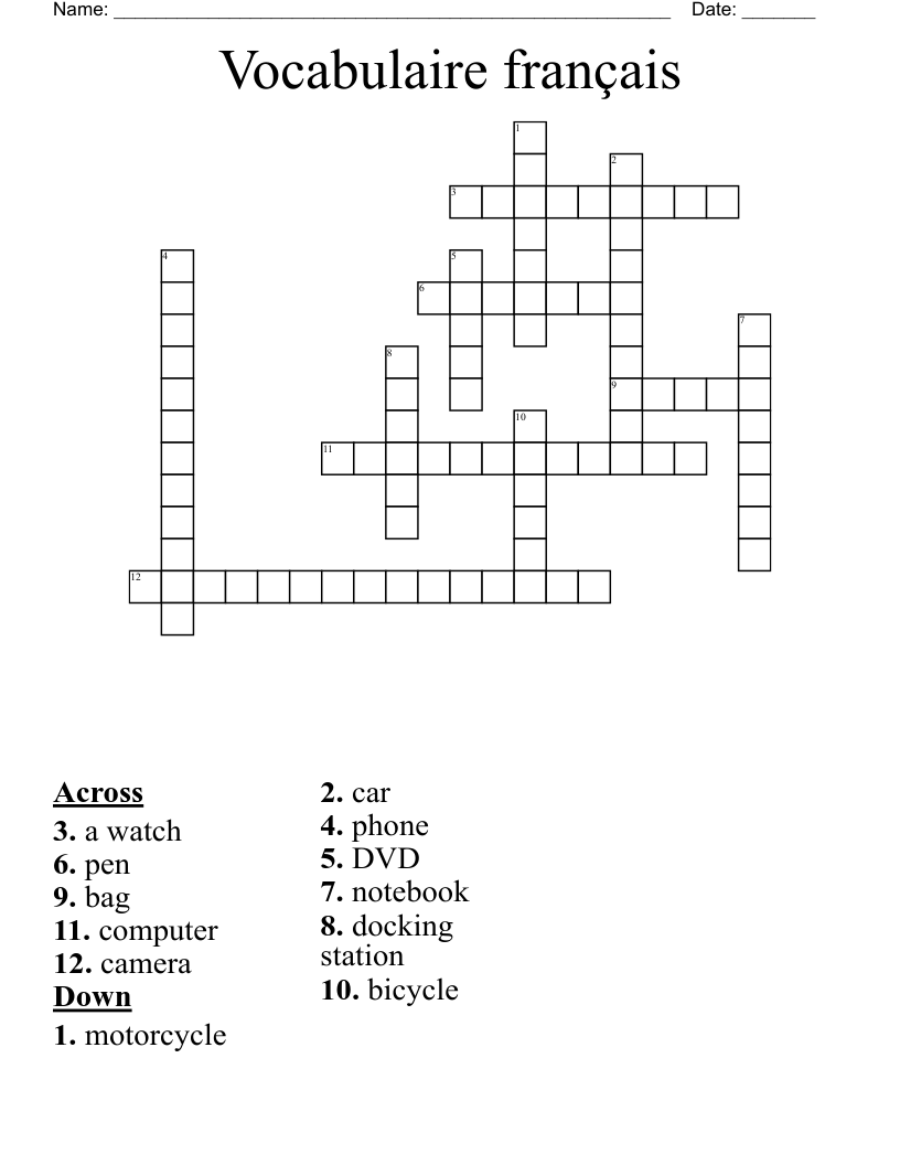 Vocabulaire français Crossword