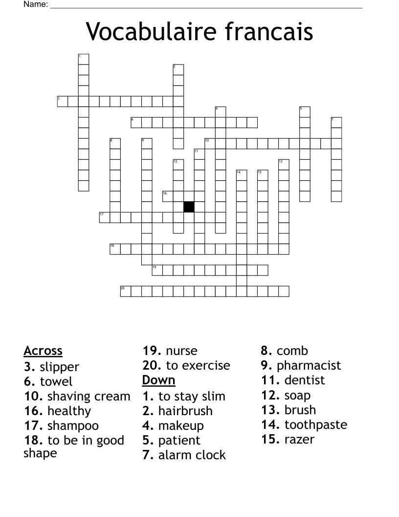 Vocabulaire francais  Crossword