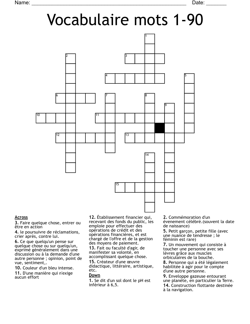 Vocabulaire mots 1-90 Crossword