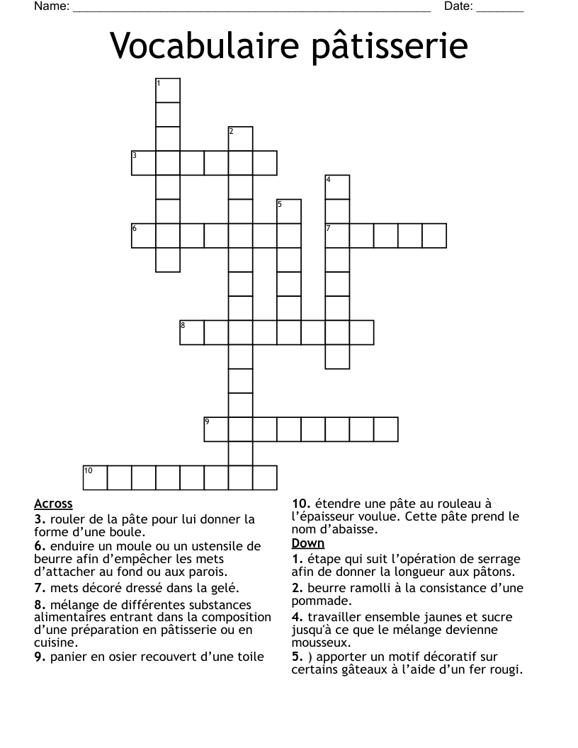 Vocabulaire pâtisserie Crossword