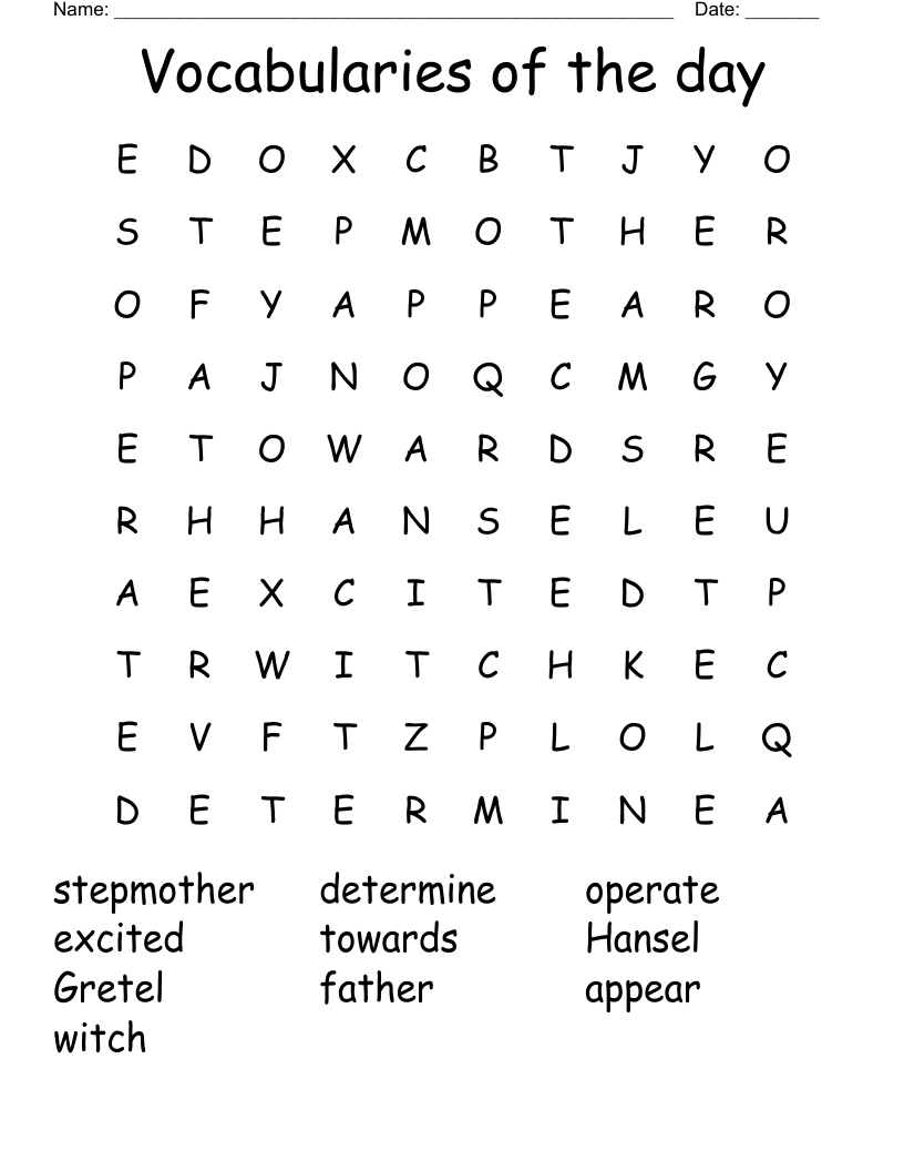 Vocabularies of the day Word Search