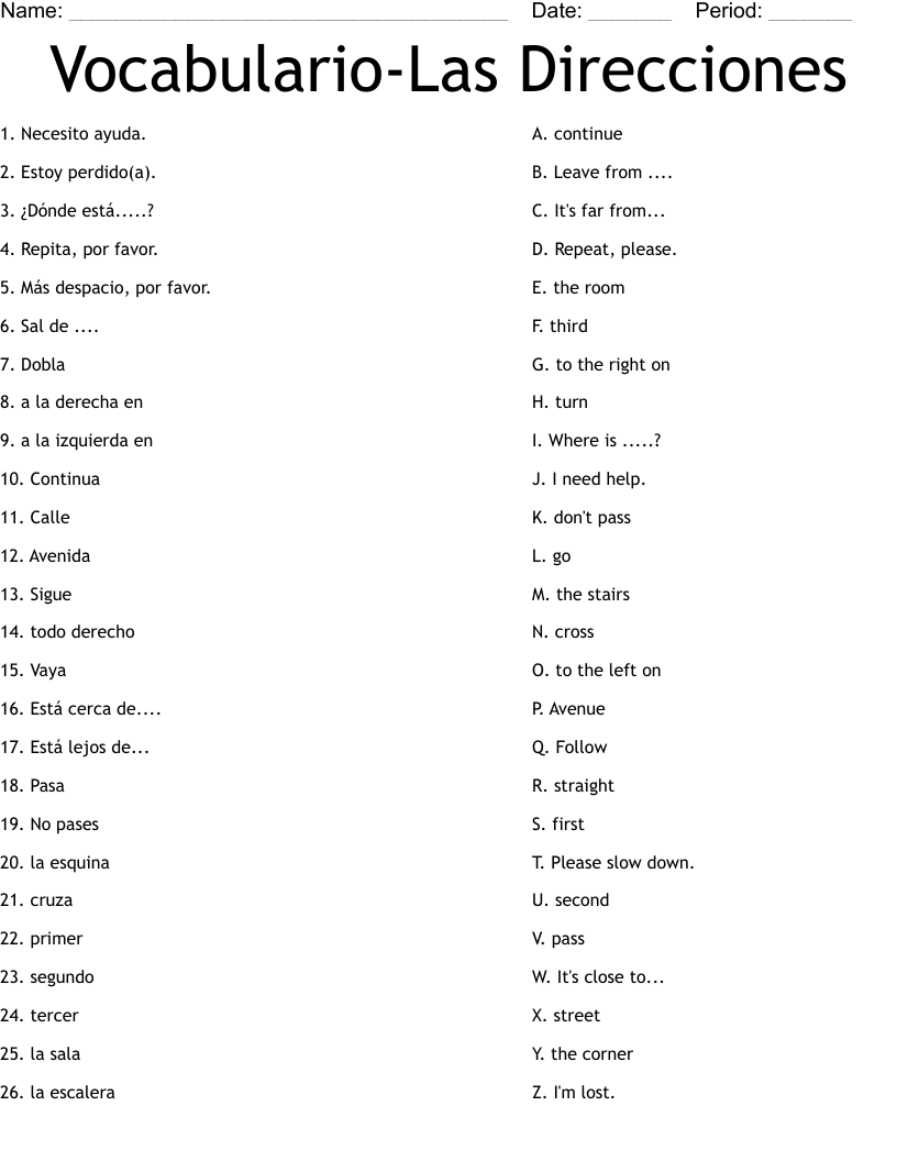Vocabulario-Las Direcciones Worksheet
