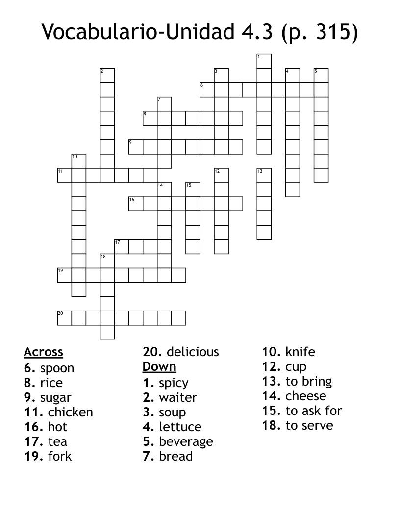 Vocabulario-Unidad 4.3 (p. 315) Crossword