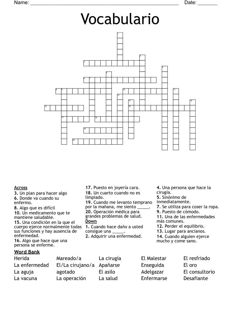Vocabulario Crossword