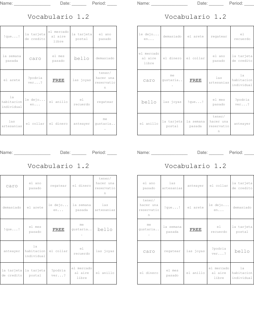 Vocabulario 1.2 Bingo Cards