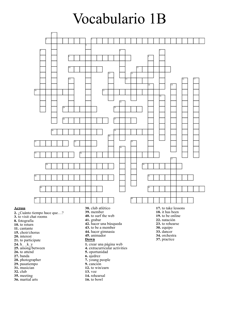 Vocabulario 1B Crossword