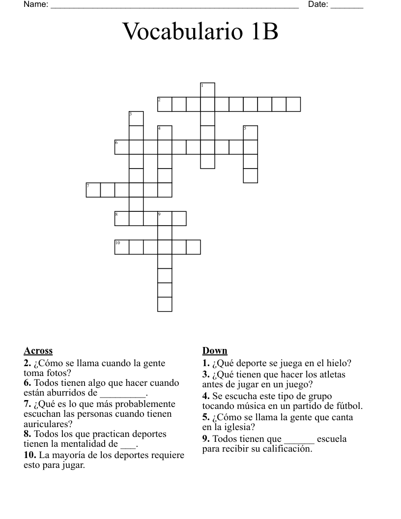 Vocabulario 1B Crossword