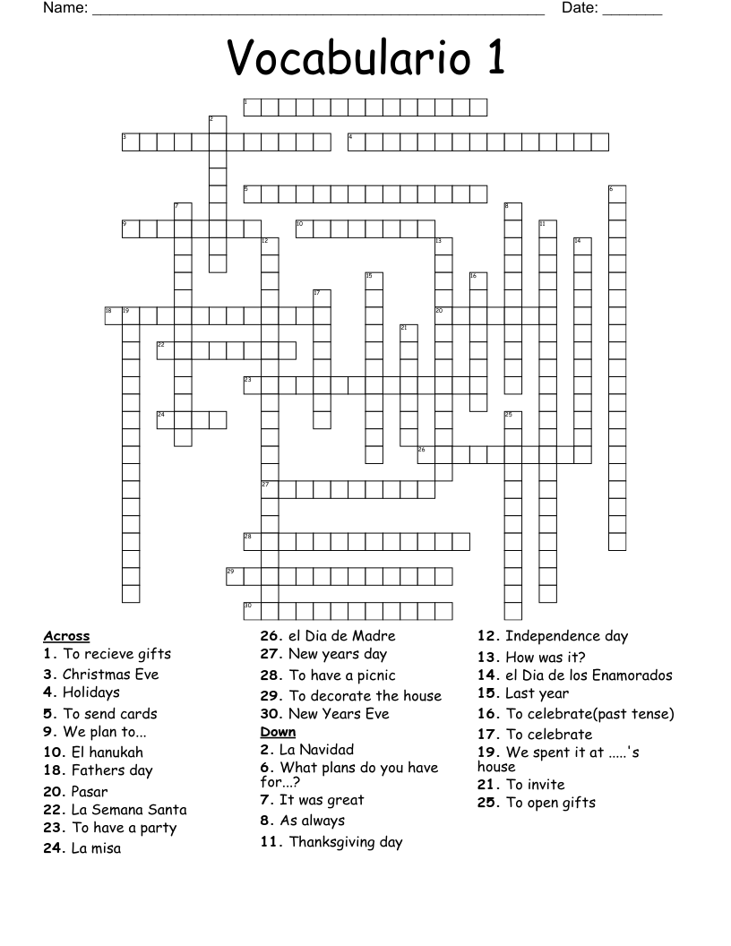 Vocabulario 1 Crossword