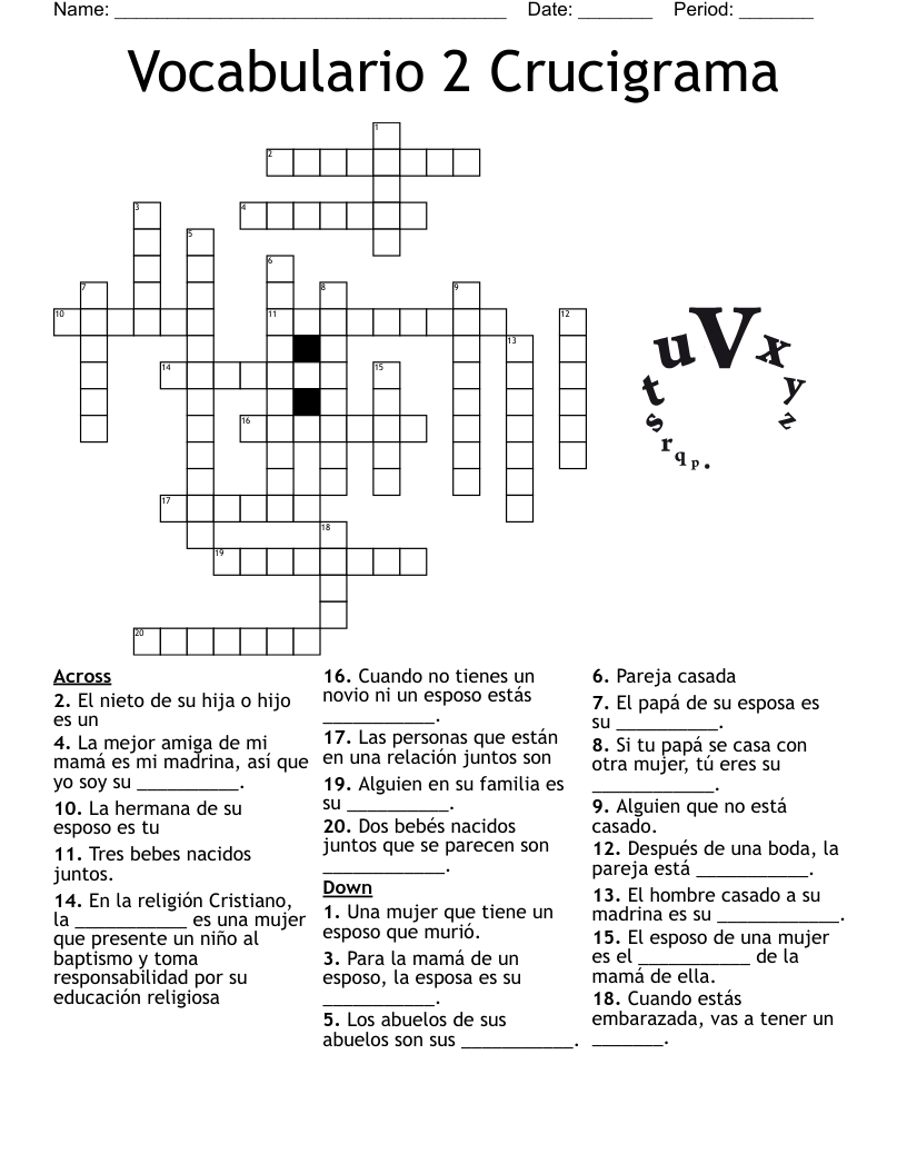 Vocabulario 2 Crucigrama  Crossword
