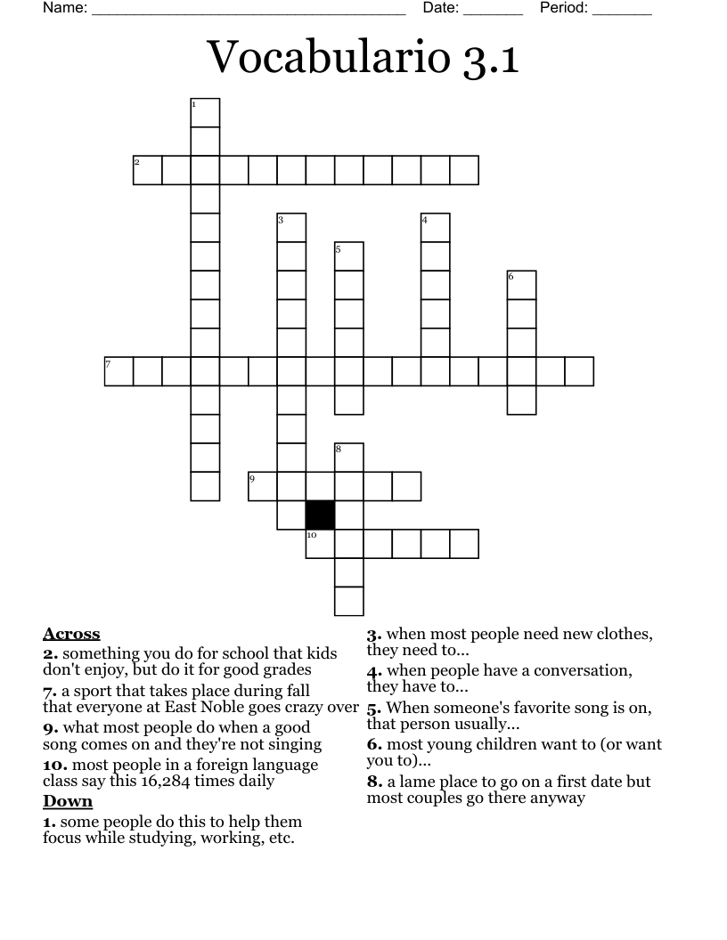 Vocabulario 3.1 Crossword