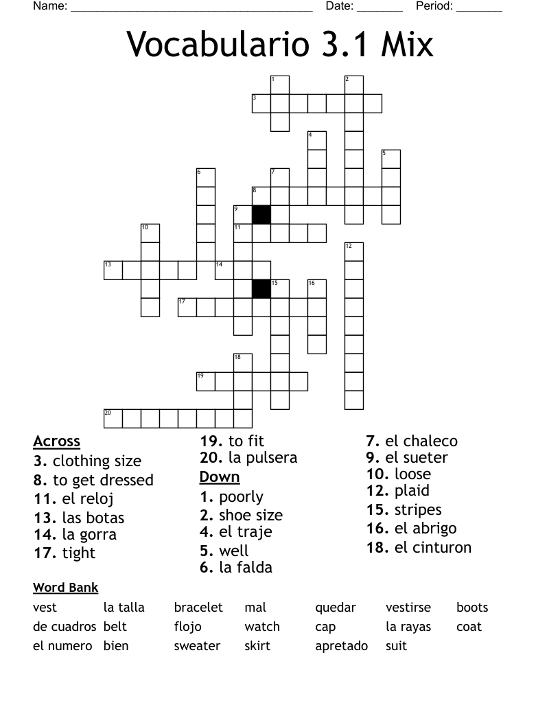 Vocabulario 3.1 Mix Crossword