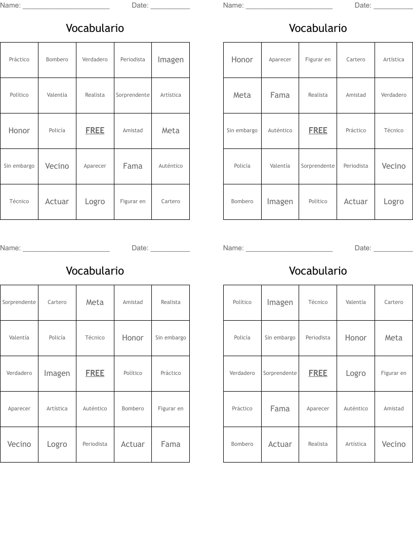 Vocabulario Bingo Cards