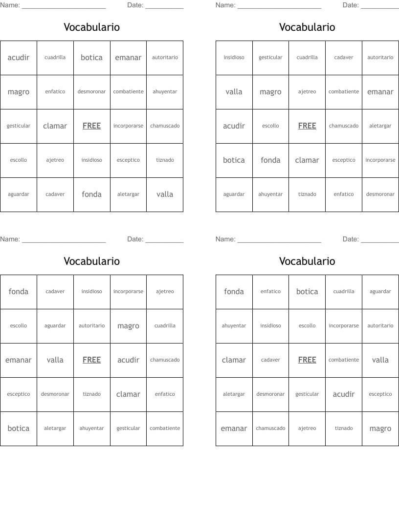 Vocabulario Bingo Cards