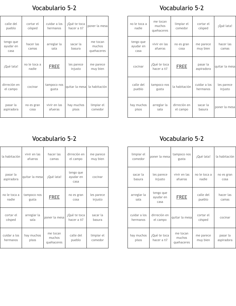 Vocabulario 5-2 Bingo Cards