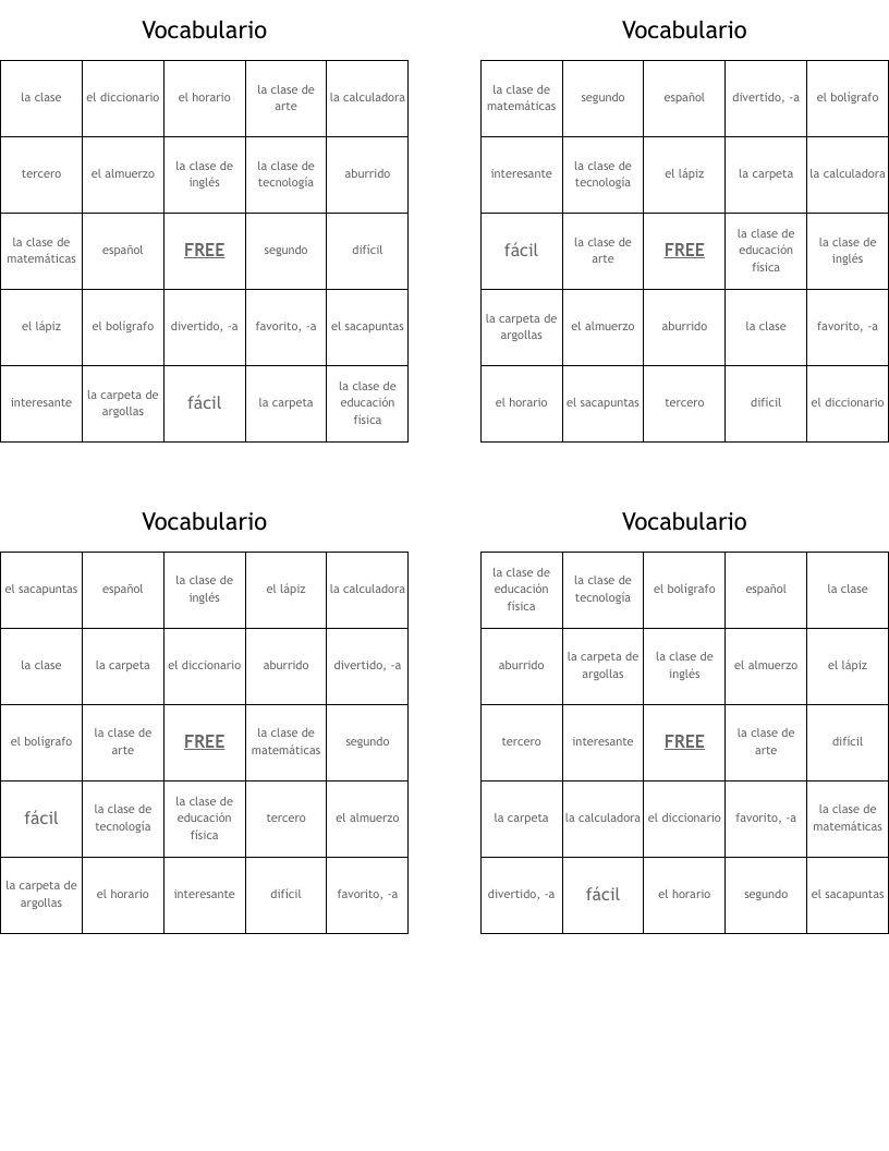 Vocabulario Bingo Cards