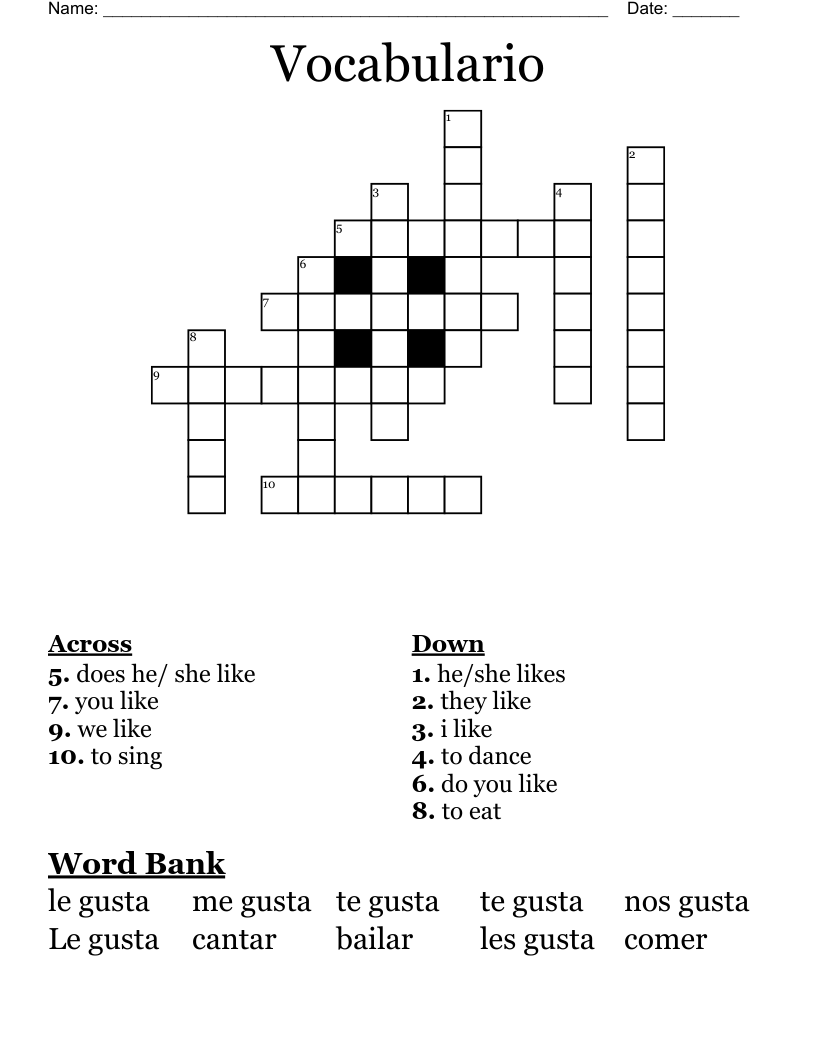 Vocabulario Crossword