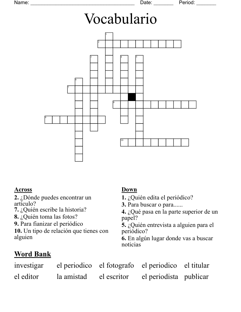 Vocabulario Crossword