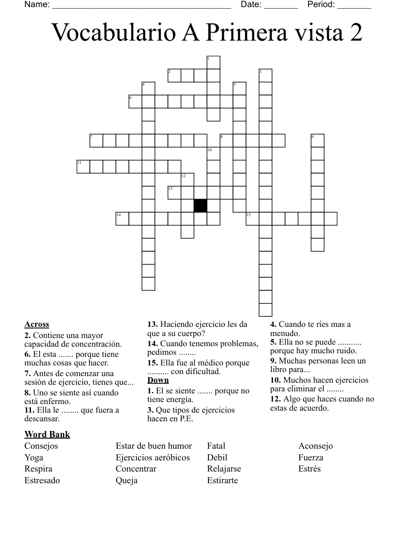 Vocabulario A Primera vista 2 Crossword