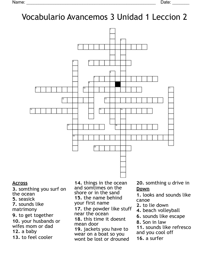Vocabulario Avancemos 3 Unidad 1 Leccion 2 Crossword