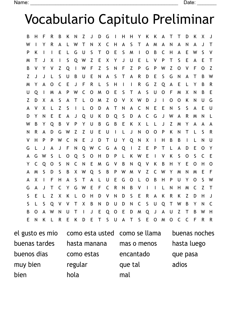 Vocabulario Capitulo Preliminar Word Search