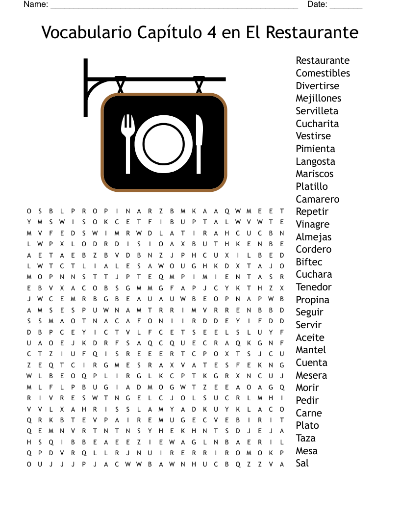 Vocabulario Capítulo 4 en El Restaurante Word Search