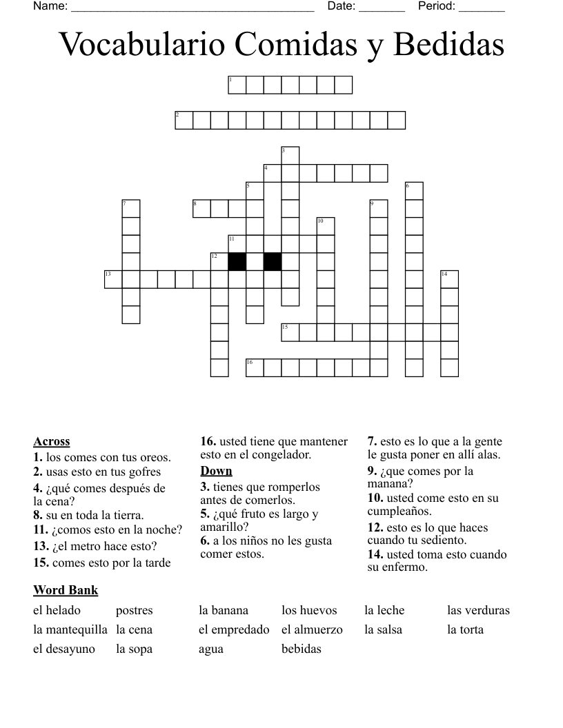 Vocabulario Comidas y Bedidas Crossword