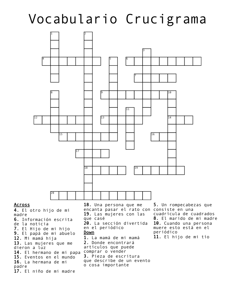 Vocabulario Crucigrama  Crossword