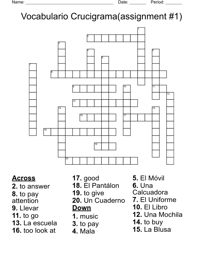 Vocabulario Crucigrama(assignment #1) Crossword