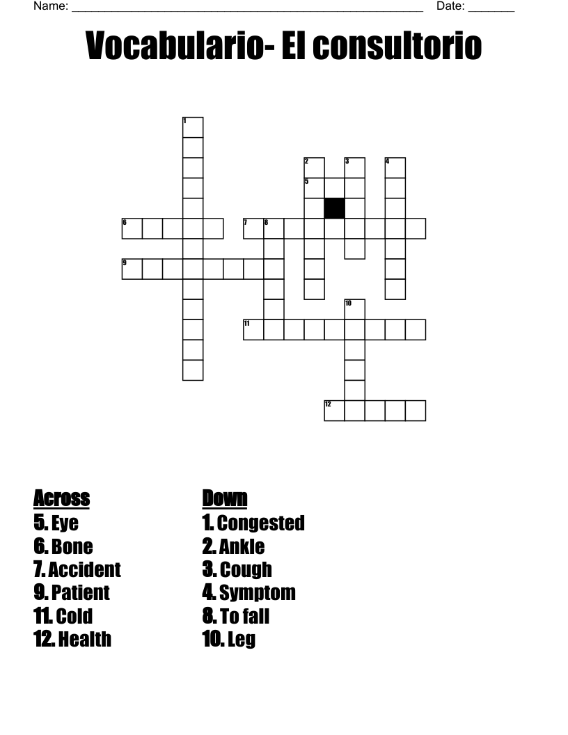 Vocabulario- El consultorio  Crossword
