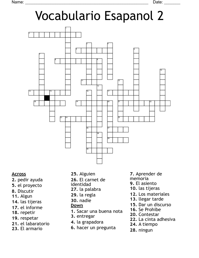 Vocabulario Esapanol 2 Crossword