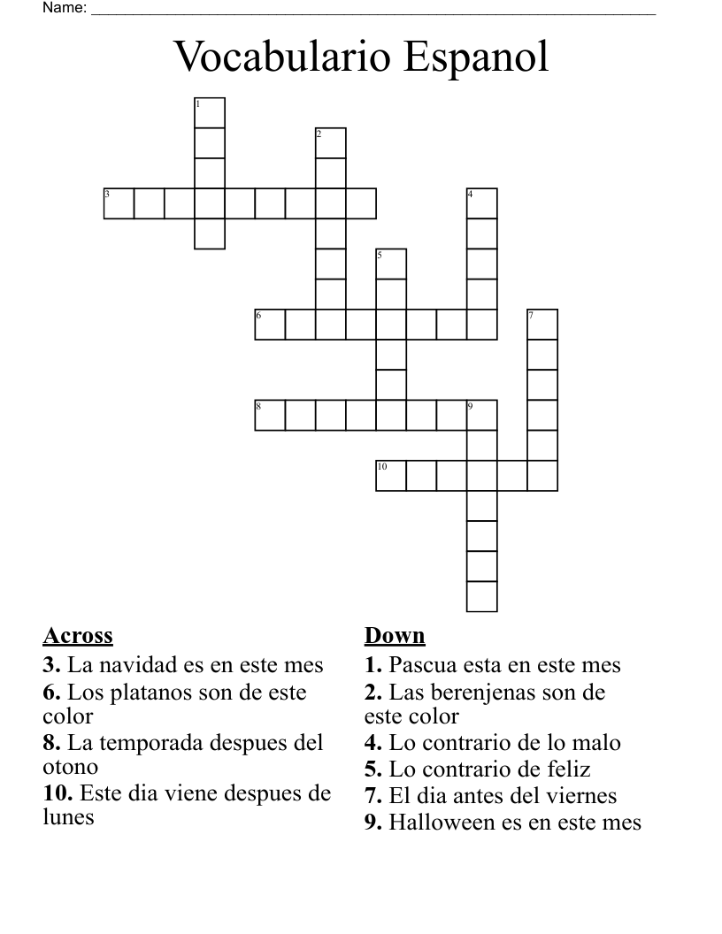 Vocabulario Espanol Crossword