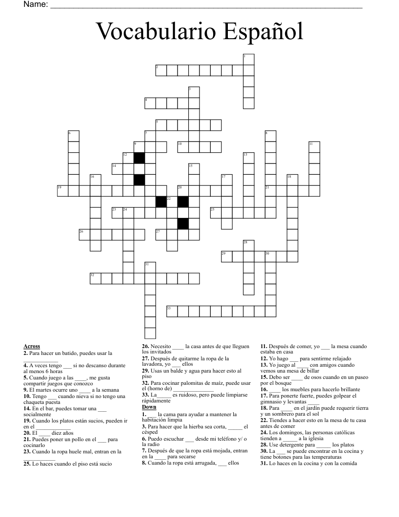 Vocabulario Español Crossword