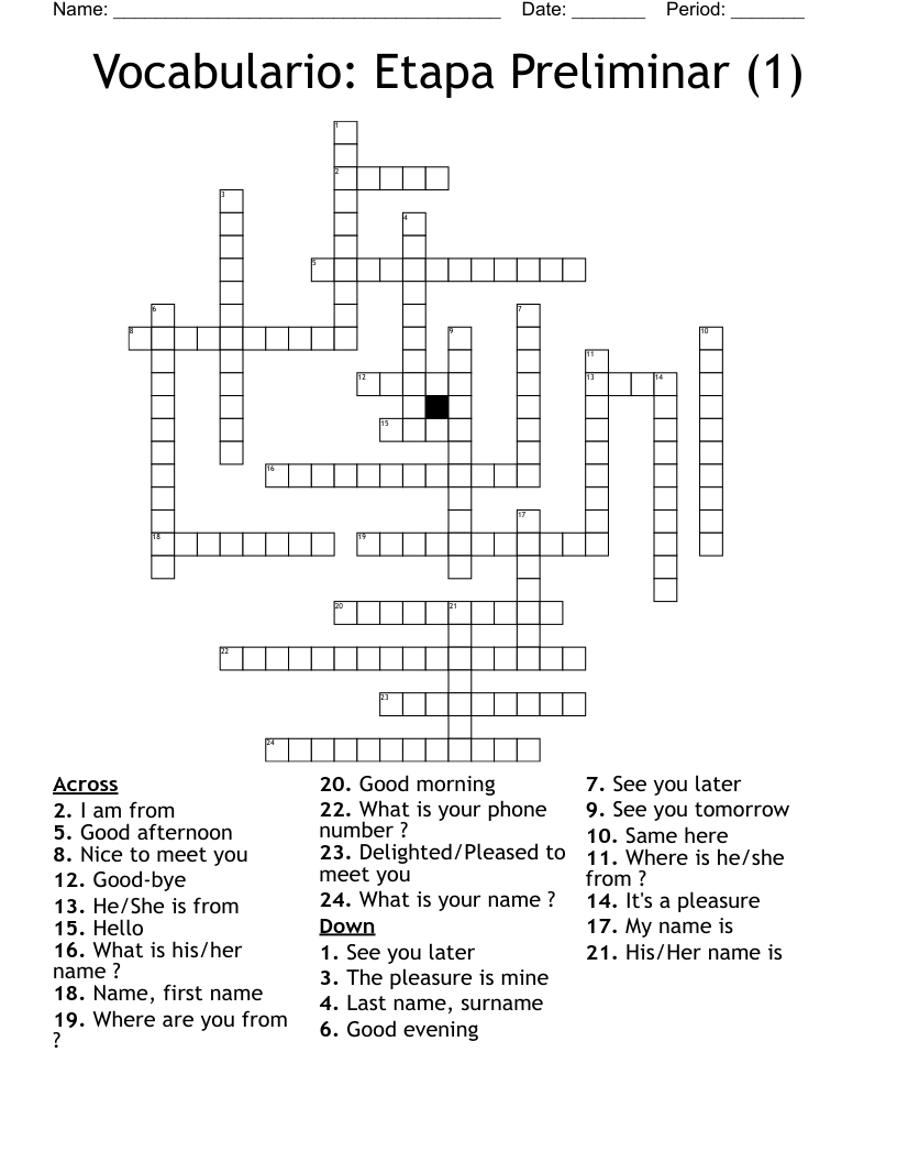 Vocabulario: Etapa Preliminar (1) Crossword