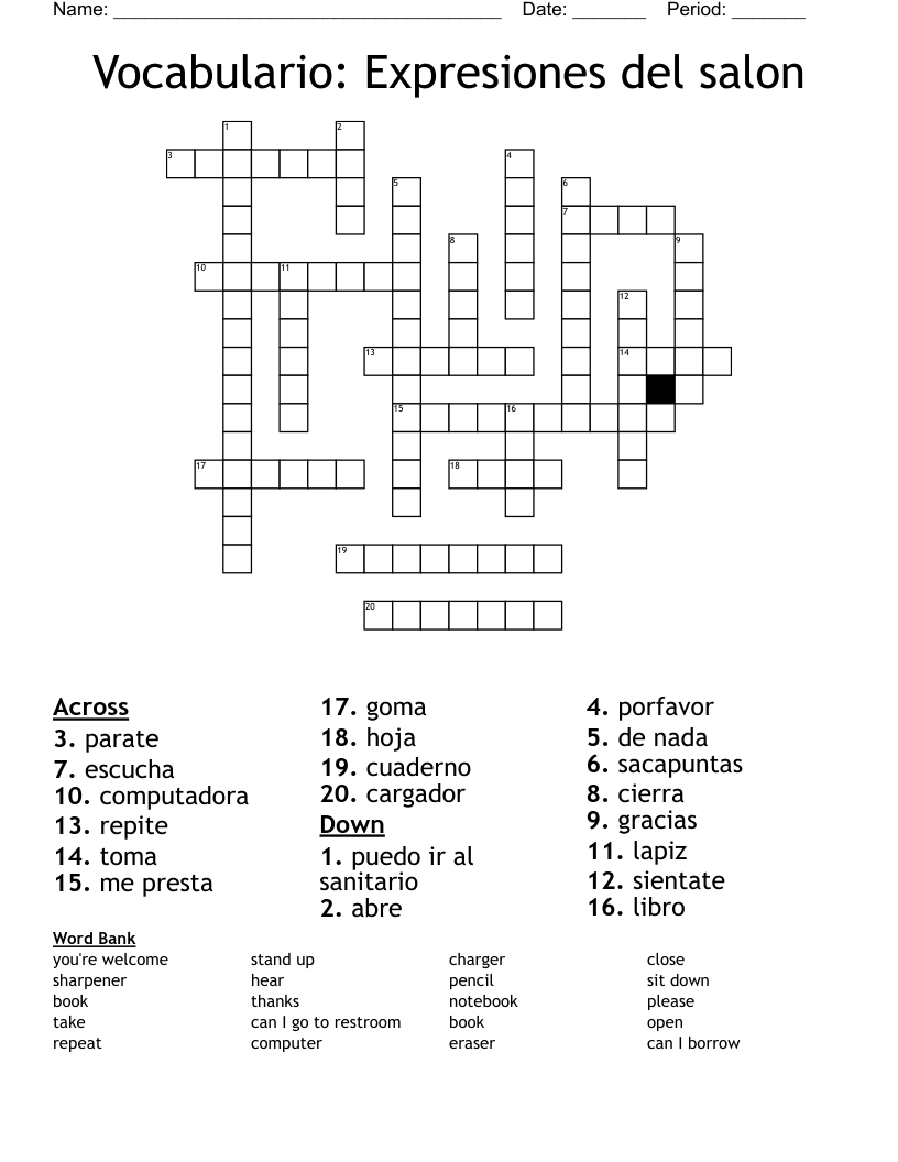Vocabulario: Expresiones del salon Crossword