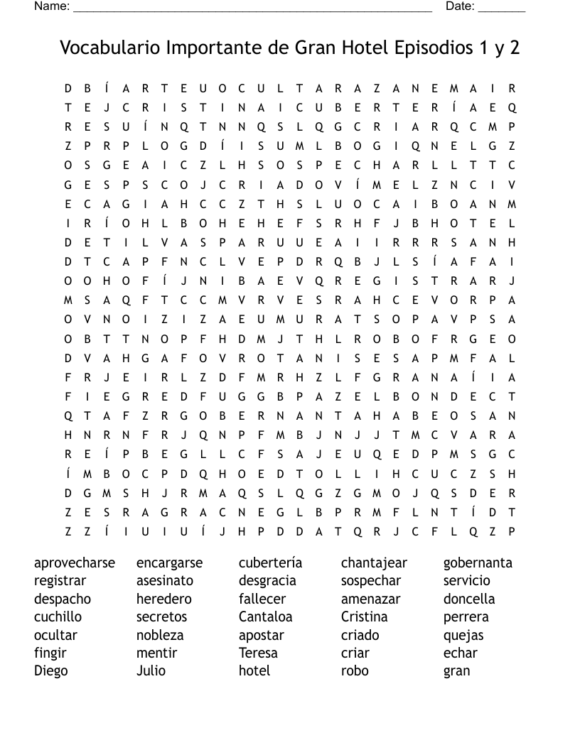 Vocabulario Importante de Gran Hotel Episodios 1 y 2 Word Search