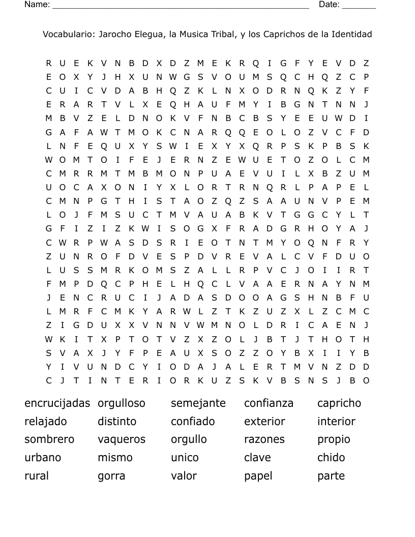 Vocabulario: Jarocho Elegua, la Musica Tribal, y los Caprichos de la Identidad Word Search