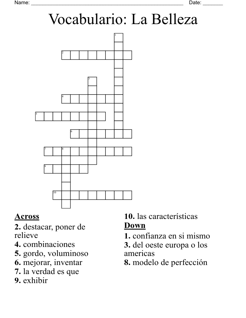 Vocabulario: La Belleza Crossword