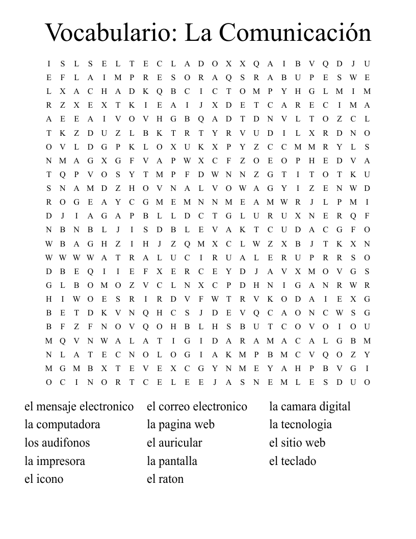 Vocabulario: La Comunicación Word Search