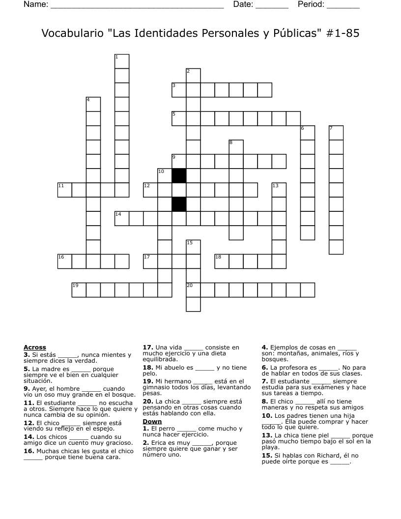 Vocabulario "Las Identidades Personales y Públicas" #1-85 Crossword