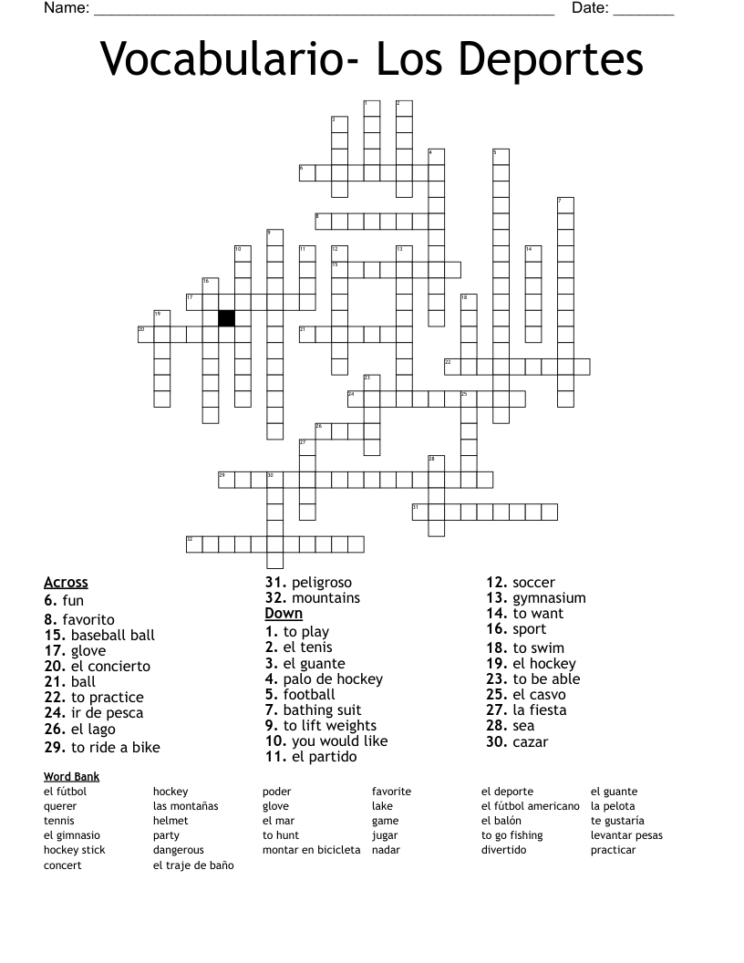 Vocabulario- Los Deportes Crossword