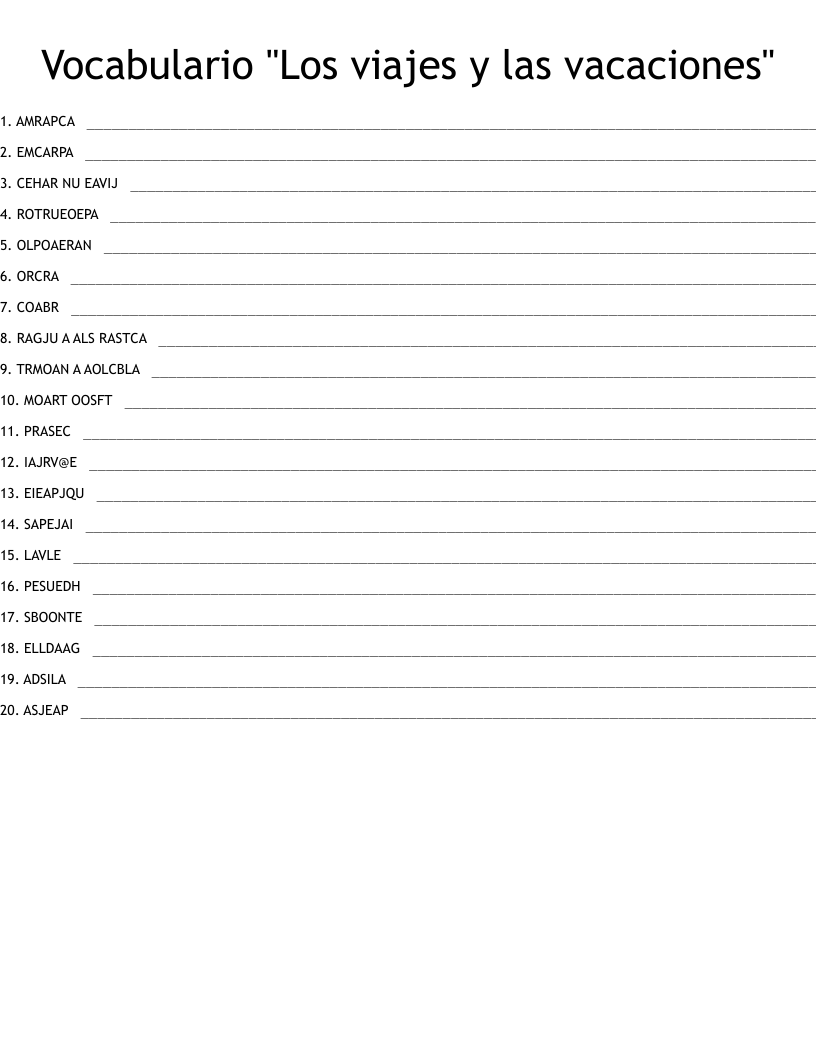 Vocabulario "Los viajes y las vacaciones" Word Scramble