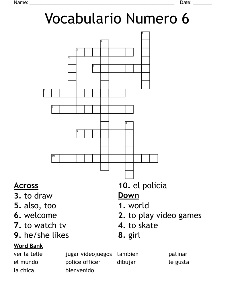 Vocabulario Numero 6 Crossword