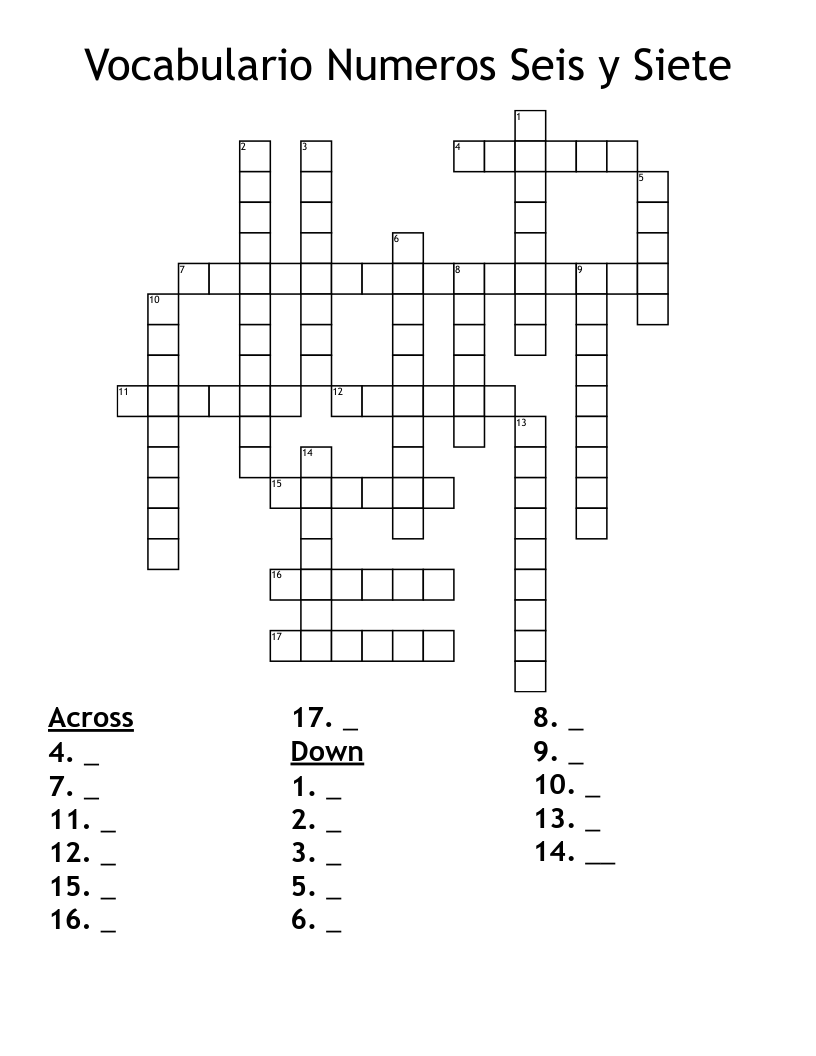 Vocabulario Numeros Seis y Siete Crossword